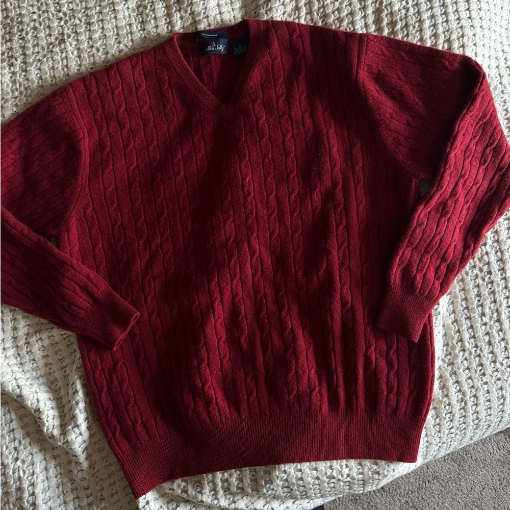 Allen Solly 100% Cashmere Men's Cable-Knit V-Neck Sweater - Deep Red